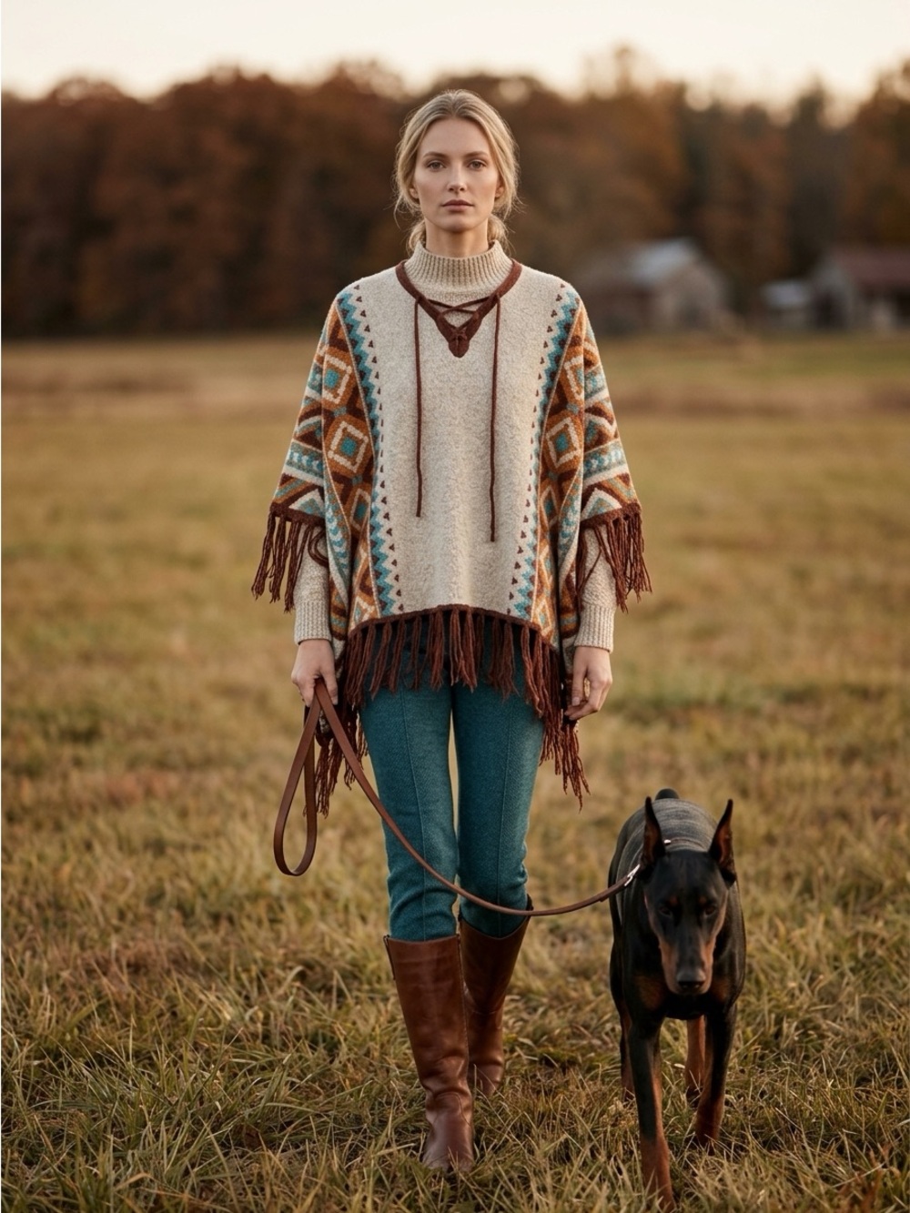 Idyllwind Cream Poncho with Terra Cotta and Teal Geometric Trim